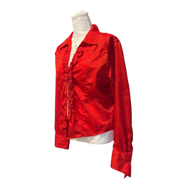 Vintage Panhandle Slim Red Satin Embroidered Floral Ruffle Shirt Womens Sz Large - Picture 16 of 16